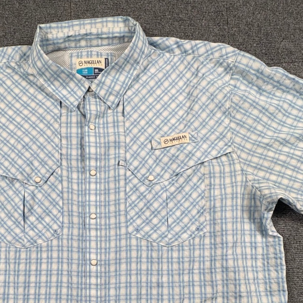 Magellan Outdoors Fish Gear Plaid Shirt Mens 2XL Blue White Short Sleeve Fishing